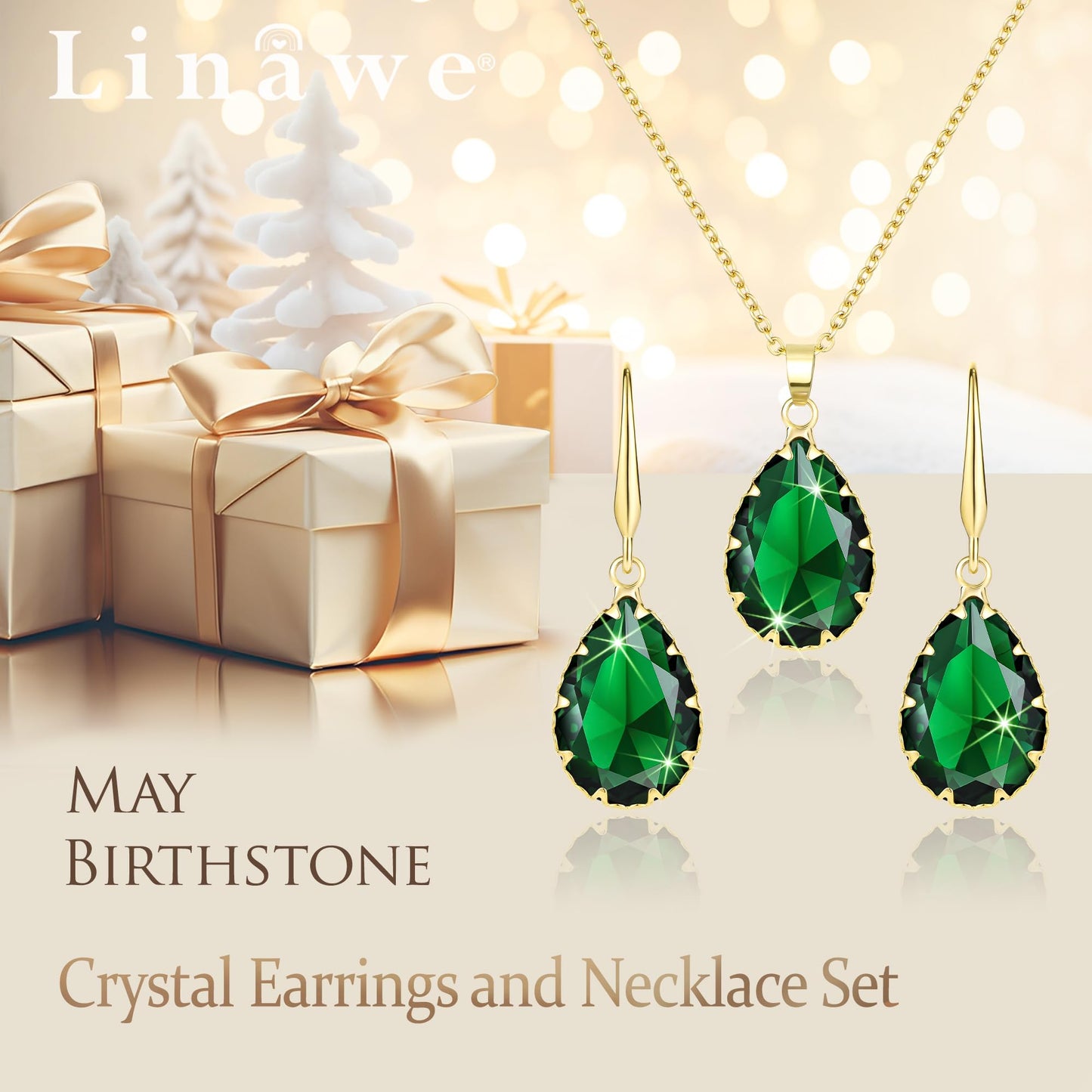Linawe Emerald Crystal Jewelry Sets for Women, Gold Pendant Necklace Set, Green Imitation Diamond Drop Dangle Earrings Set, Boho Rhinestone Matching Jewelry for Wedding Bridal Bridesmaid