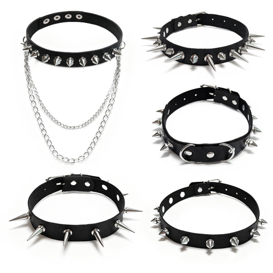 Qoncosy 5 Pcs Goth spiked choker Necklace Set, Spiked Choker with Heart and Paw Studs, Gothic Cat Collar, Adjustable PU Leather Collar for Women, Gothic Punk Rock Accessories for Concerts Halloween Cosplay (Gothic4)