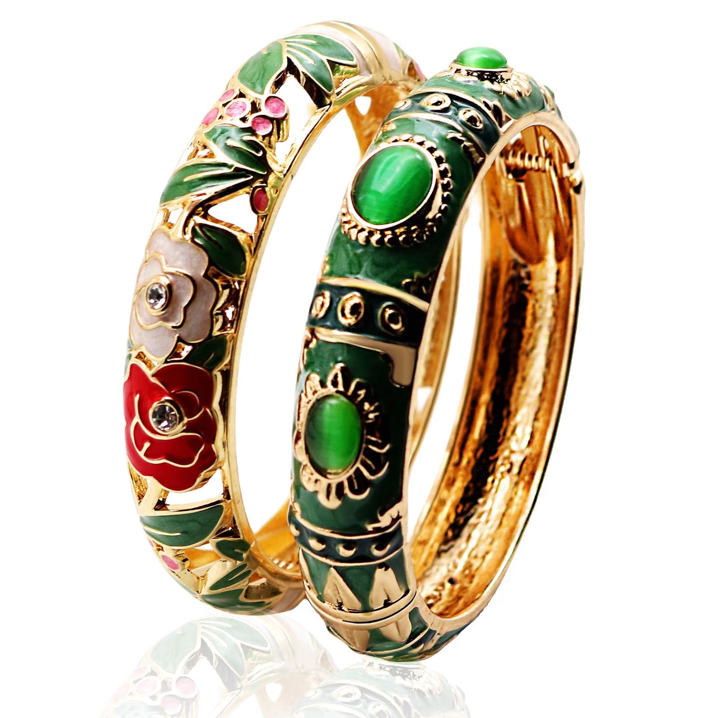 apenll Vintage jewelry bangle Green Enameled Bracelet with Gemstone Floral Gold Plated Bangle Jewelry Gifts for Mom BFF Daughter