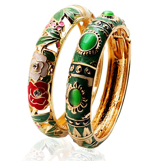apenll Vintage jewelry bangle Green Enameled Bracelet with Gemstone Floral Gold Plated Bangle Jewelry Gifts for Mom BFF Daughter