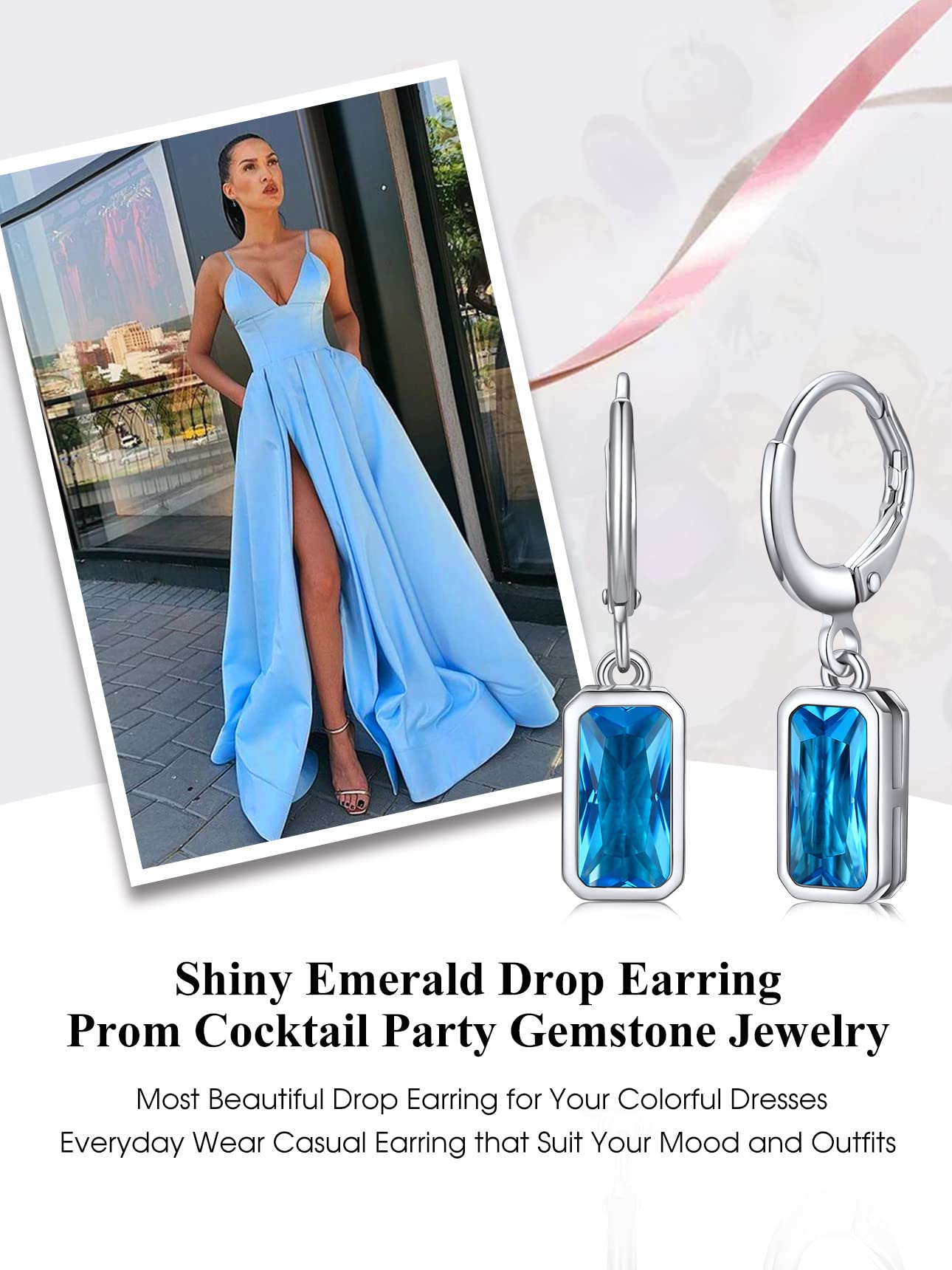 Bestyle Created Blue Topaz Drop Birthstone Earrings for Women Girls - Small Silver Baguette Dangle Earrings for Sensitive Ears