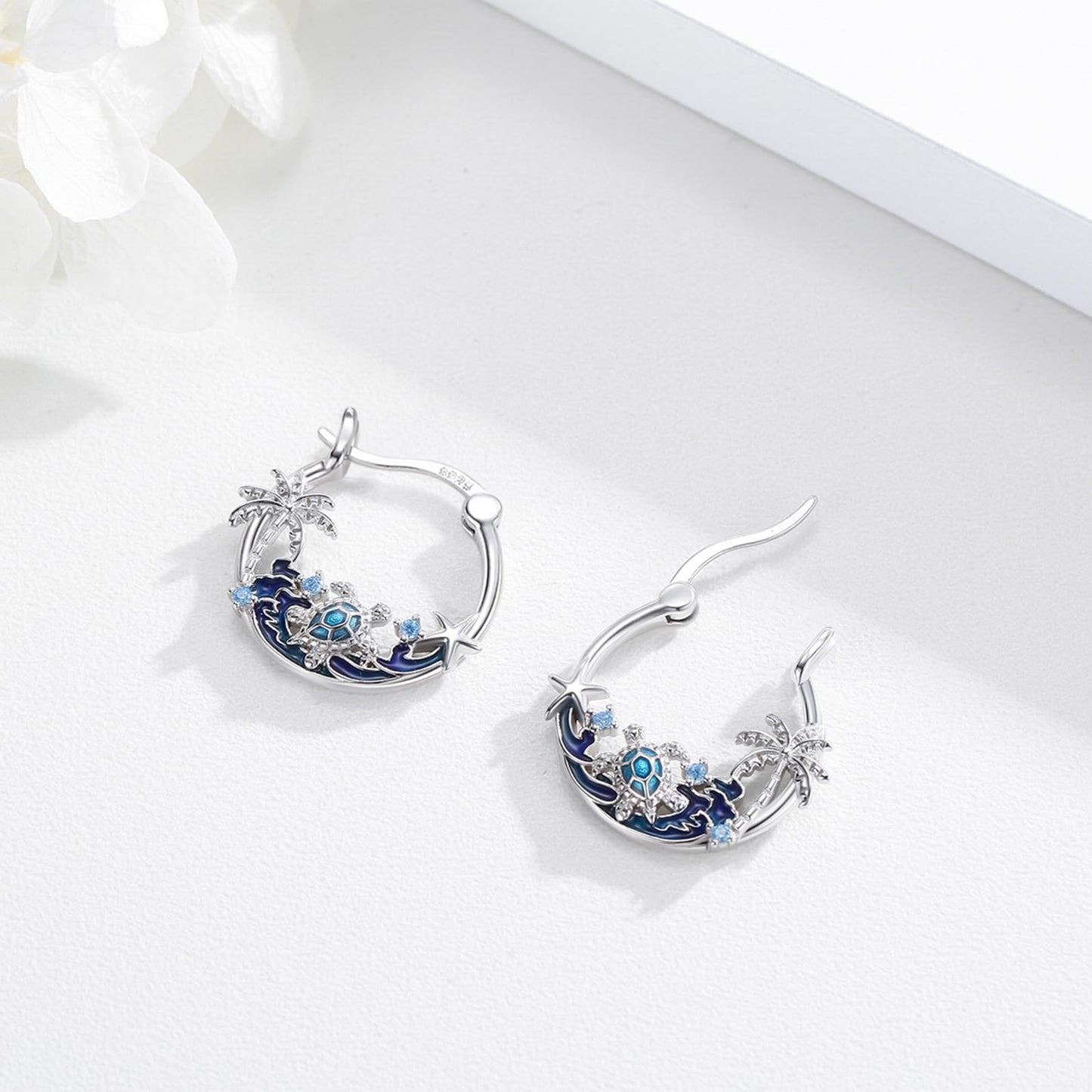 JUSTKIDSTOY Sea Turtle Earrings 925 Sterling Silver Ocean Hoop Earrings Wave Palm Tree Starfish Earrings Beach Themed Jewelry Turtle Graduation Gifts for Women Daughter Her