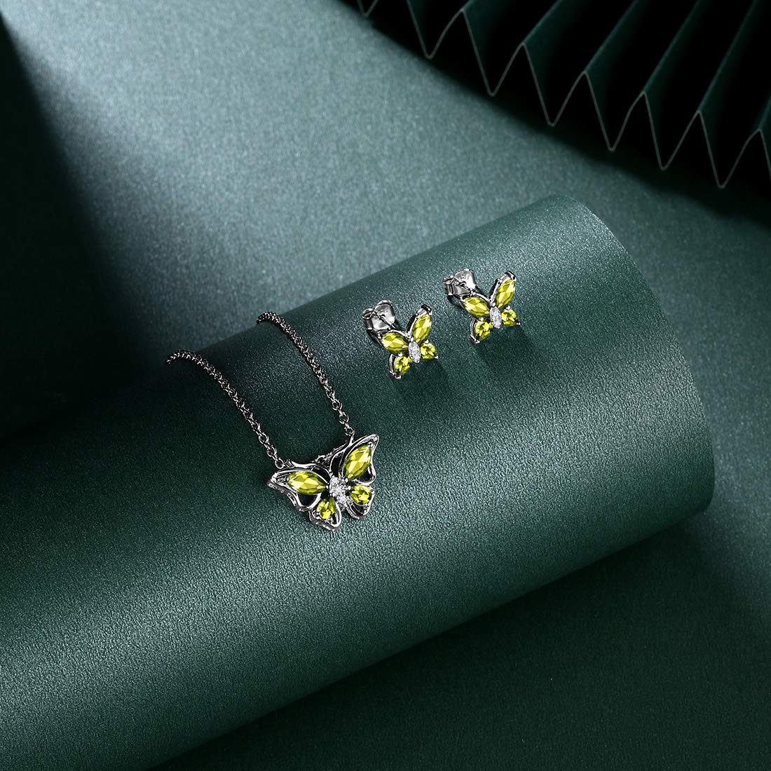 Hipunk Butterfly Green Jewelry Sets Birthstone Women 925 Sterling Silver August-Peridot Birth Stone Animal Butterflies Jewelry Sets/Earring Set Crystal Birthday Jewelry SS0001A