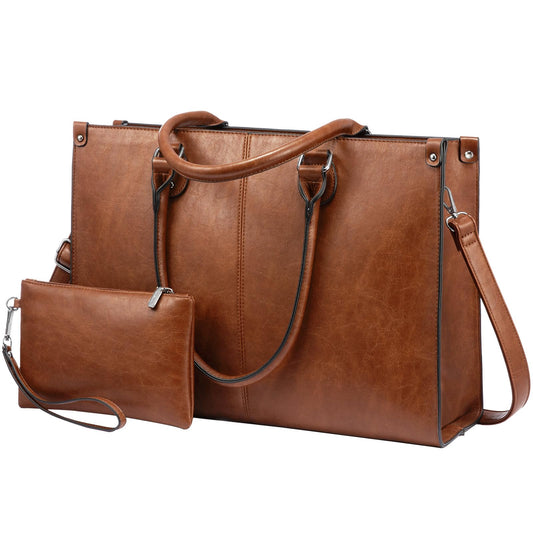 LOVEVOOK Laptop Tote Bag for Women, 15.6 Inch Large Capacity Vintage Leather Waterproof Work Computer Handbag with Clutch Purse, Ideal Gift for Women, Office & Daily Use, Dark Brown