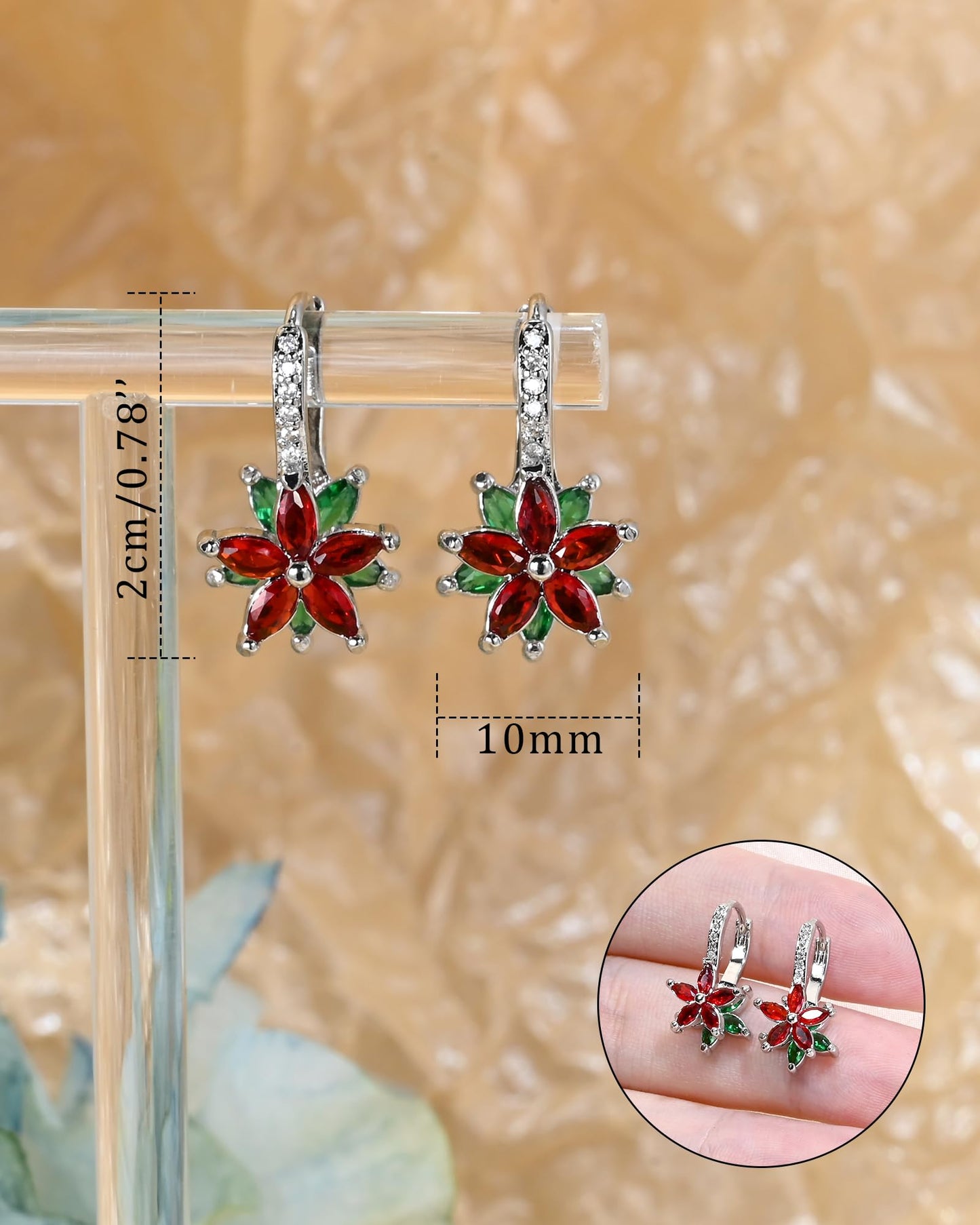 Watforsh 925 Sterling Silver Flower Earrings for Women Dangling Leverback Earrings with Red and Green Crystal Double Floral for Christmas Jewelry