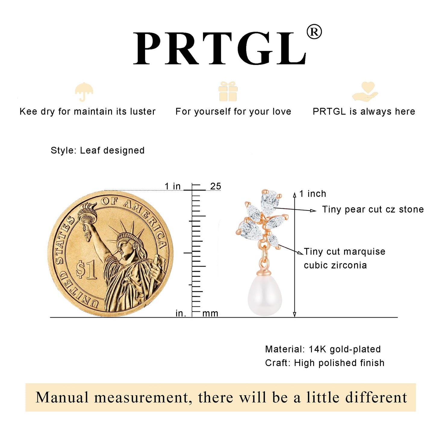 PRTGL Pearl Earrings: 14k Rose Gold Plated Cubic Zirconia Accented Teardrop Pearl Drop Wedding Engagement Earrings For Women Bridal Bridesmaid (Leaf Designed)