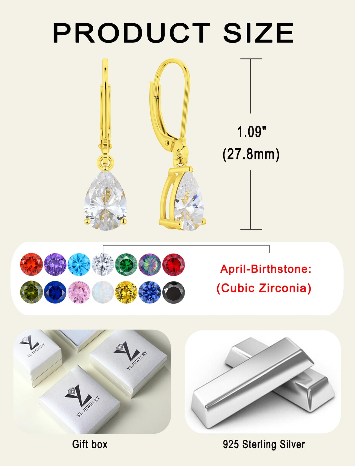 YL 925 Sterling Silver Teardrop Dangle Drop Earrings for Women 7x10 MM Solitaire Cubic Zirconia Leverback Jewelry with 18K Gold Plated