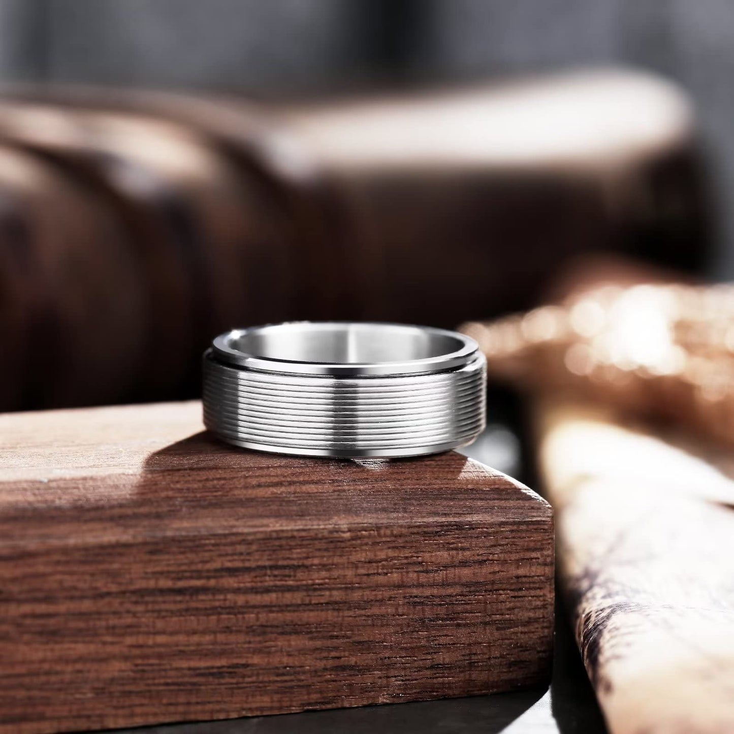 King Will Mens Silver 8mm Groove Spinner Rings Stainless Steel Anxiety Fidget Ring for Women Men Polish Thin Line Groove Wedding Band Fidget Ring Matte Brushed Comfort Fit 12