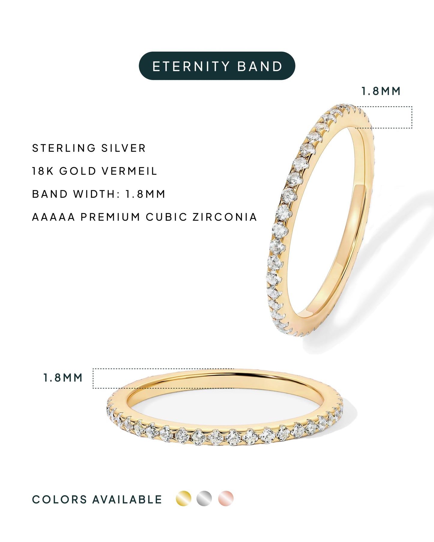 PAVOI 18K Yellow Gold Vermeil 925 Sterling Silver Stackable CZ Ring for Women | Thin Band for Stacking | Simulated Diamond Eternity Wedding Band | Size 7