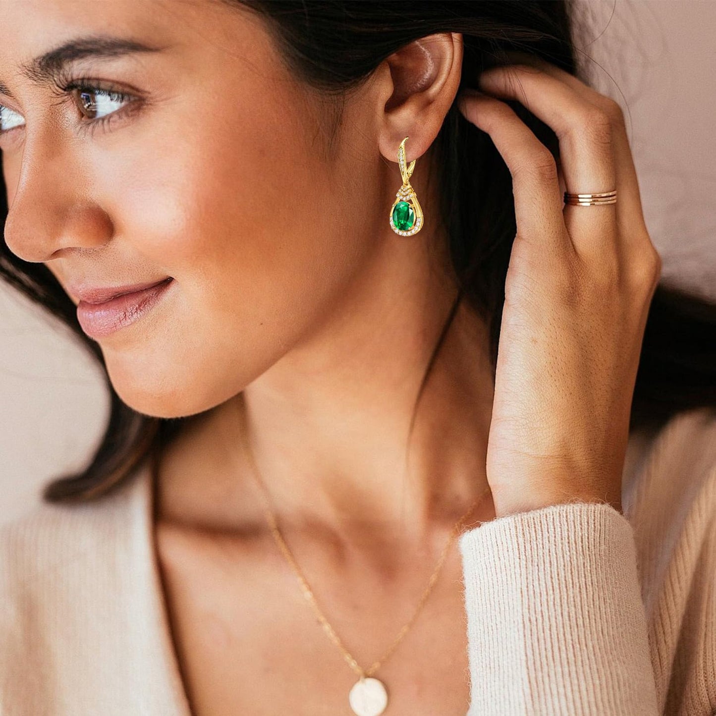 Green Emerald Dangle Earrings 18K G Plated Sterling Silver May Birthstone Teardrop Leverback Drop Earring for Women Lady | Wedding Jewelry Gifts for the Bride | Hypoallergenic Oval Cut CZ Earrings