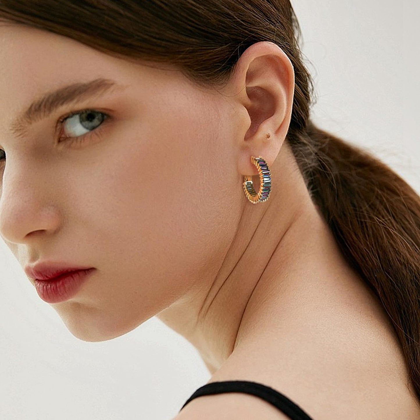 GLOQUAT Mystic Rainbow Quartz Earrings 14K Gold Plated Mystic Topaz Crystal Hoops for Women S925 Silver Post Vintage Baguette Cubic Zirconia Gold Round Circle Hoops Trendy Rhinestone Jewelry 25mm