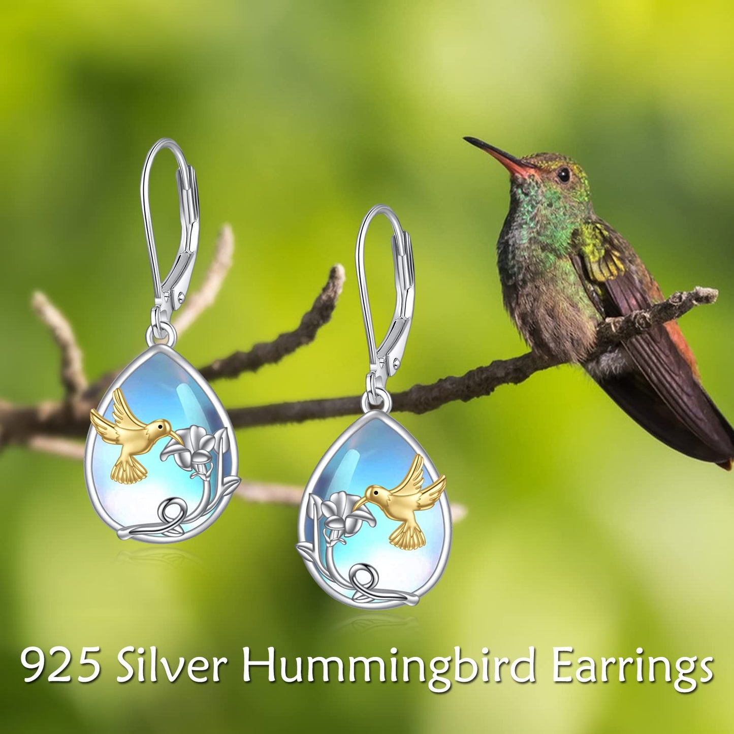 YFN Hummingbird Earrings Bird Teardrop Dangle Leverback Earrings 925 Sterling Silver Hummingbird Jewelry Gifts for Women