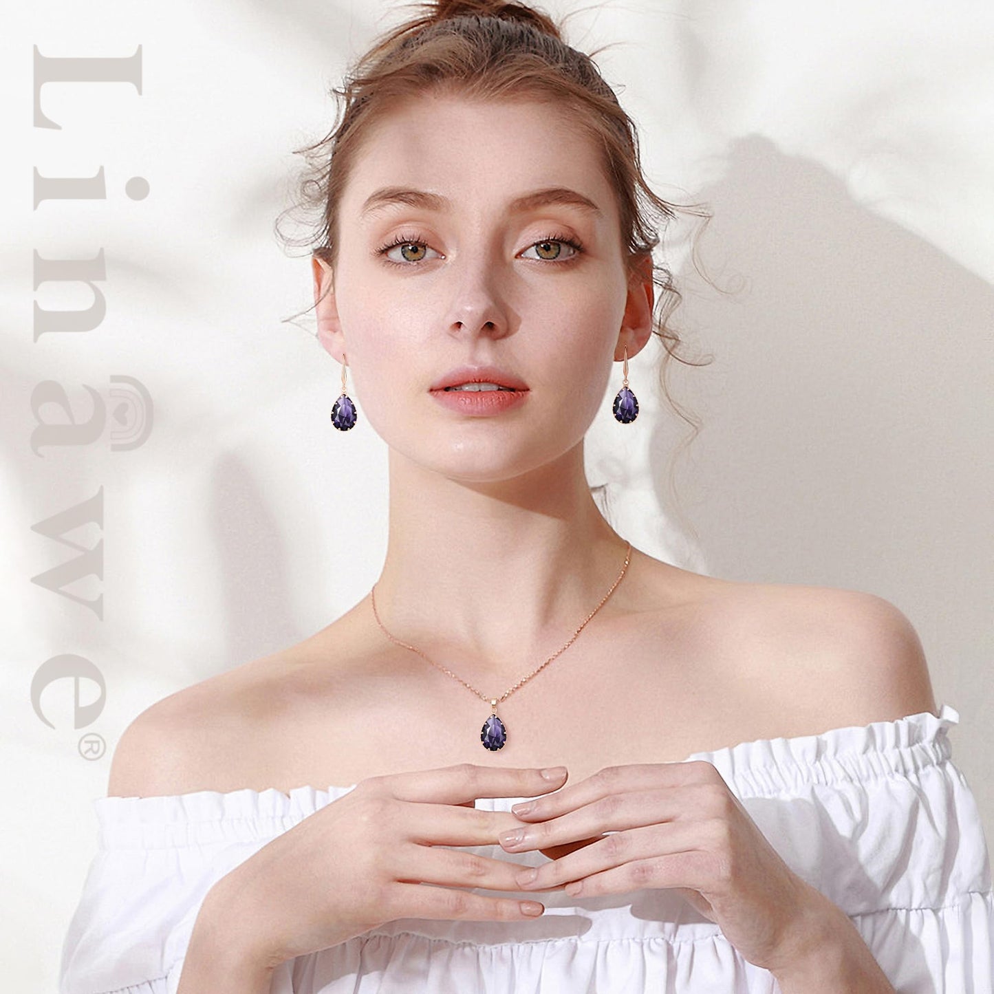 Linawe Amethyst Crystal Rose Gold Jewelry Sets, Purple Pendant Necklace, Lavender Imitation Diamond Rhinestone Dangle Earrings, Boho Wedding Set Teardrop Cubic Zirconia Birthstone