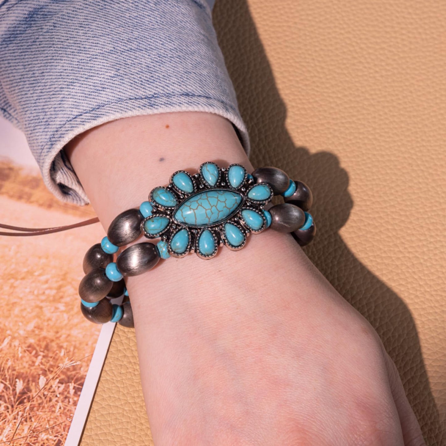 Montana West Rustic Couture's Jewelry Western Navajo Beaded Turquoise Cuff Bangle Bracelets Bohemian Vintage Elastic Bracelet for Women Cowgirl RCW-WH06TQ