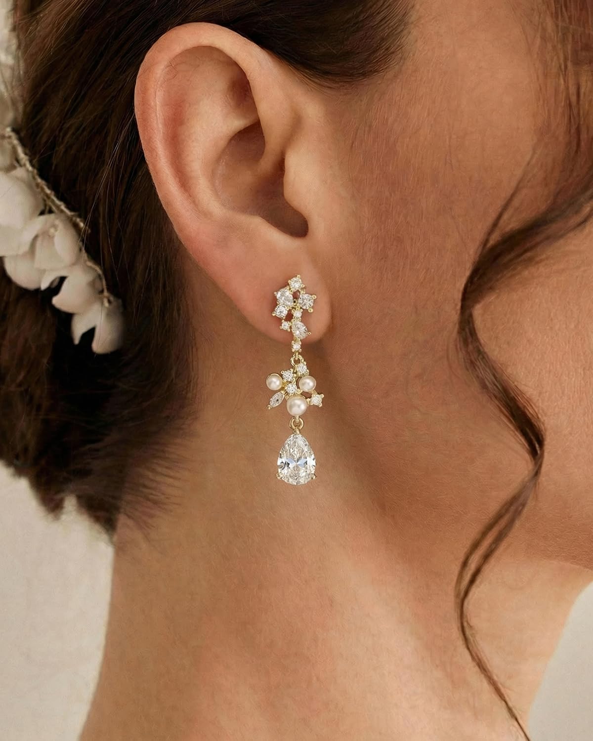 PRTGL Pearl Earrings - 14 Gold Plated Cubic Zirconia Accented Pearl Drop Earrings for Women Dangle Wedding Bridal Teardrop Design