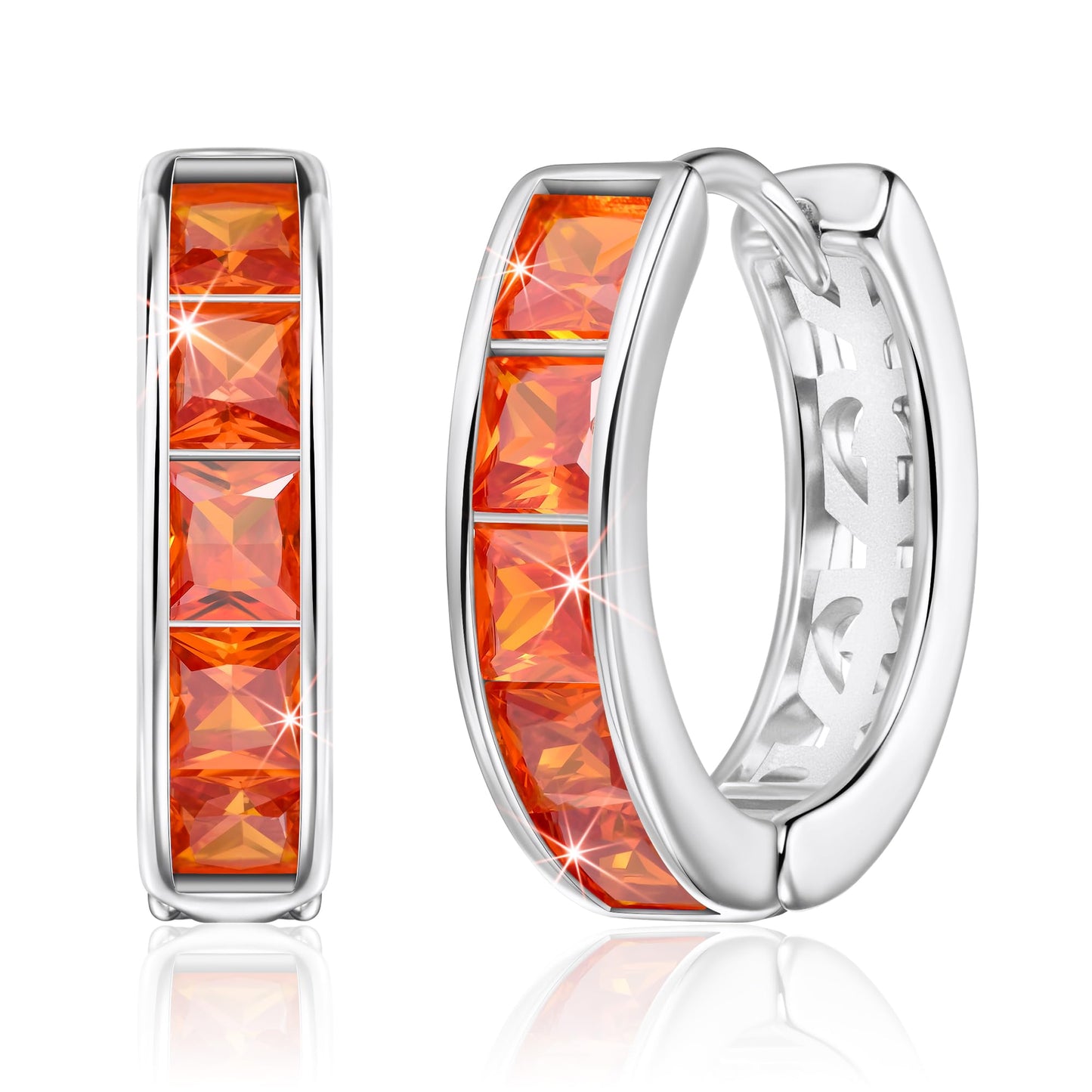 Linawe Silver Hoop Stud Earrings, Orange Cubic Zirconia Huggie Earrings for Women, Cartilage Tragus Piercing Jewelry, Imitation Diamond Rhinestone Crystal Birthstone Small Dainty Hoops