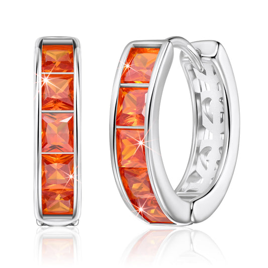 Linawe Silver Hoop Stud Earrings, Orange Cubic Zirconia Huggie Earrings for Women, Cartilage Tragus Piercing Jewelry, Imitation Diamond Rhinestone Crystal Birthstone Small Dainty Hoops