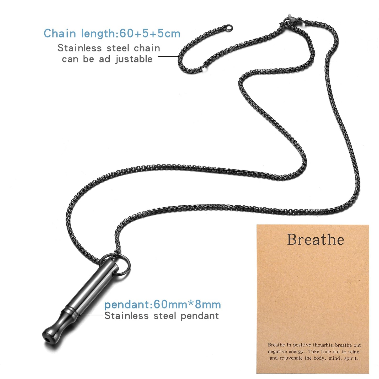 Mindfulness Breathing Necklace Stress Relief Pendant Stainless Steel Anxiety Breathe Necklace for Women Men (Rotundity, Black)