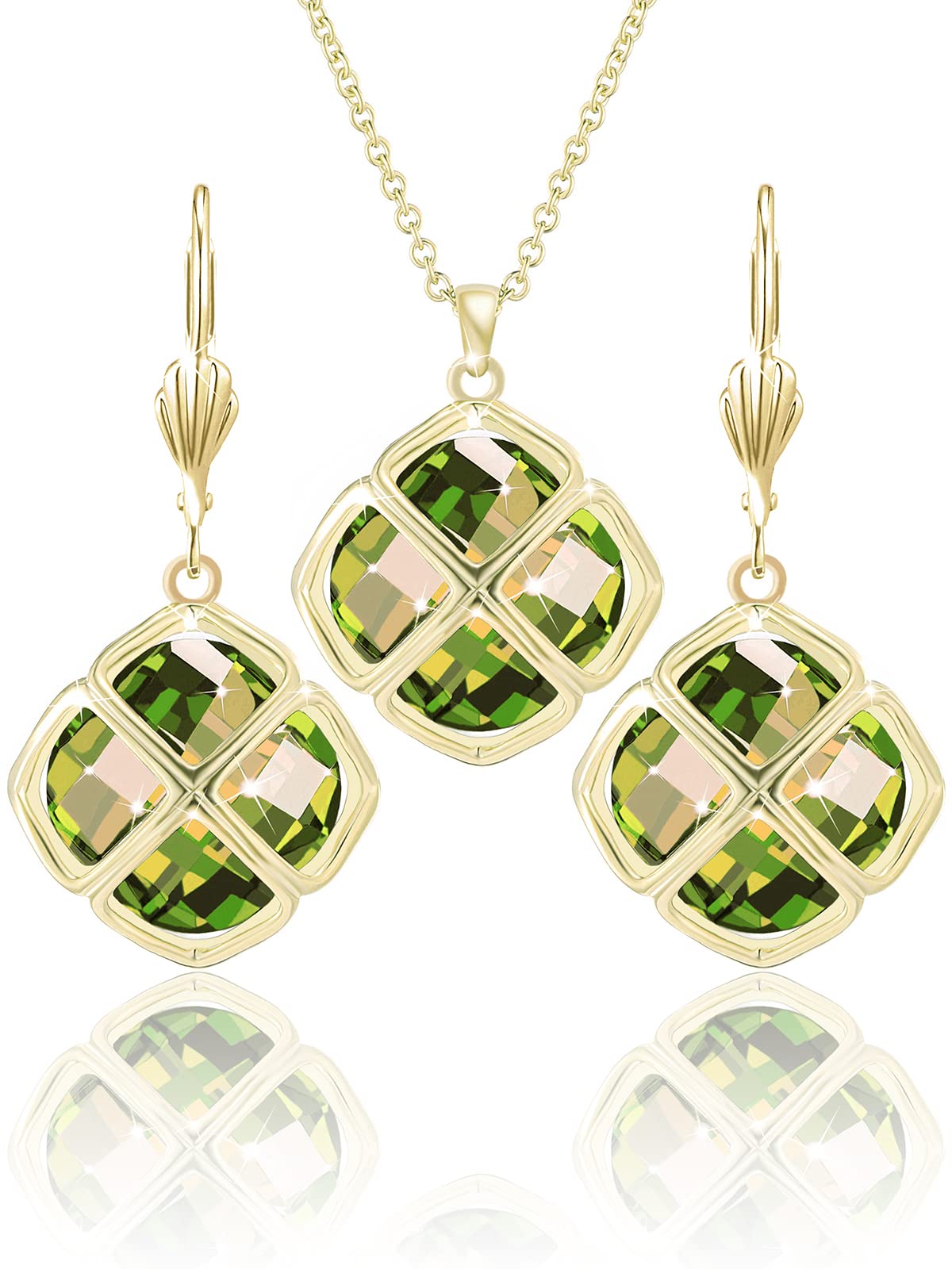 Qinpan 14MM Crystal Pendant Dangle Necklace Earrings Sets for Women Glod Plated Costume Jewelry, 38*17.8mm, Yellow Gold, Peridot