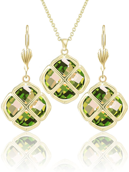 Qinpan 14MM Crystal Pendant Dangle Necklace Earrings Sets for Women Glod Plated Costume Jewelry, 38*17.8mm, Yellow Gold, Peridot