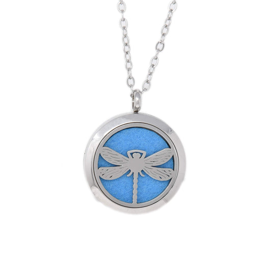 Aromatherapy Essential Oil Diffuser Stainless Steel Silver 30 MM Magnetic Locket Pendant 2 Sizes Chain Necklace, Refill Pads & Diffuser Bracelet in a Velvet Bag (Dragonfly)