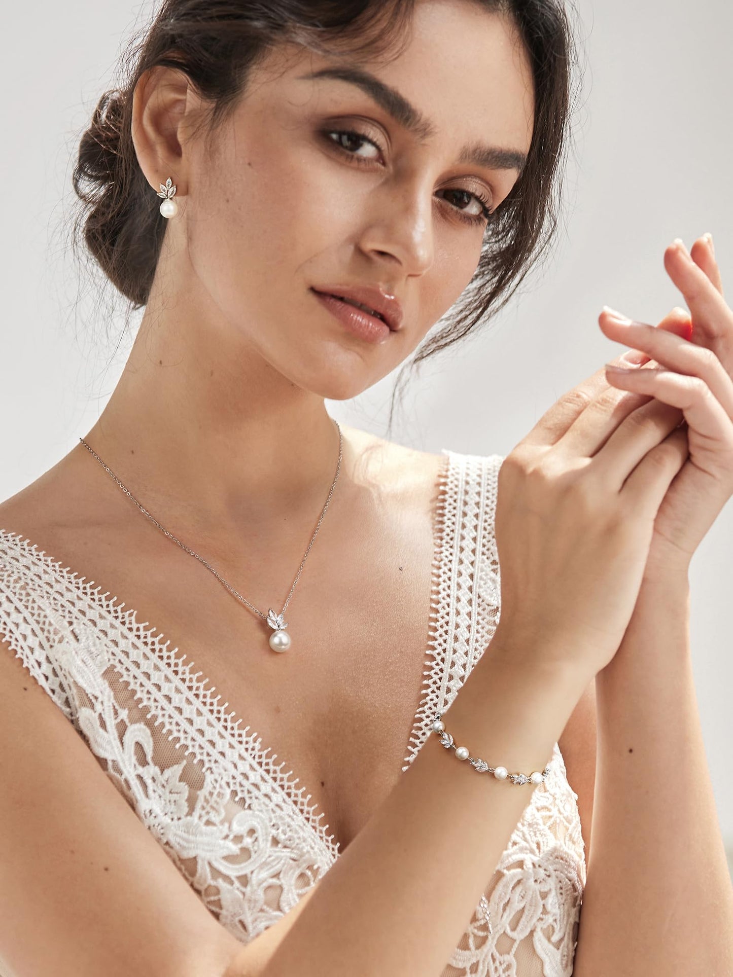 SWEETV Bridal Jewelry Set for Wedding, Cubic Zirconia Pearl Floral Bridal Earrings Necklace Bracelet Set, Silver Jewelry Set for Bride Women