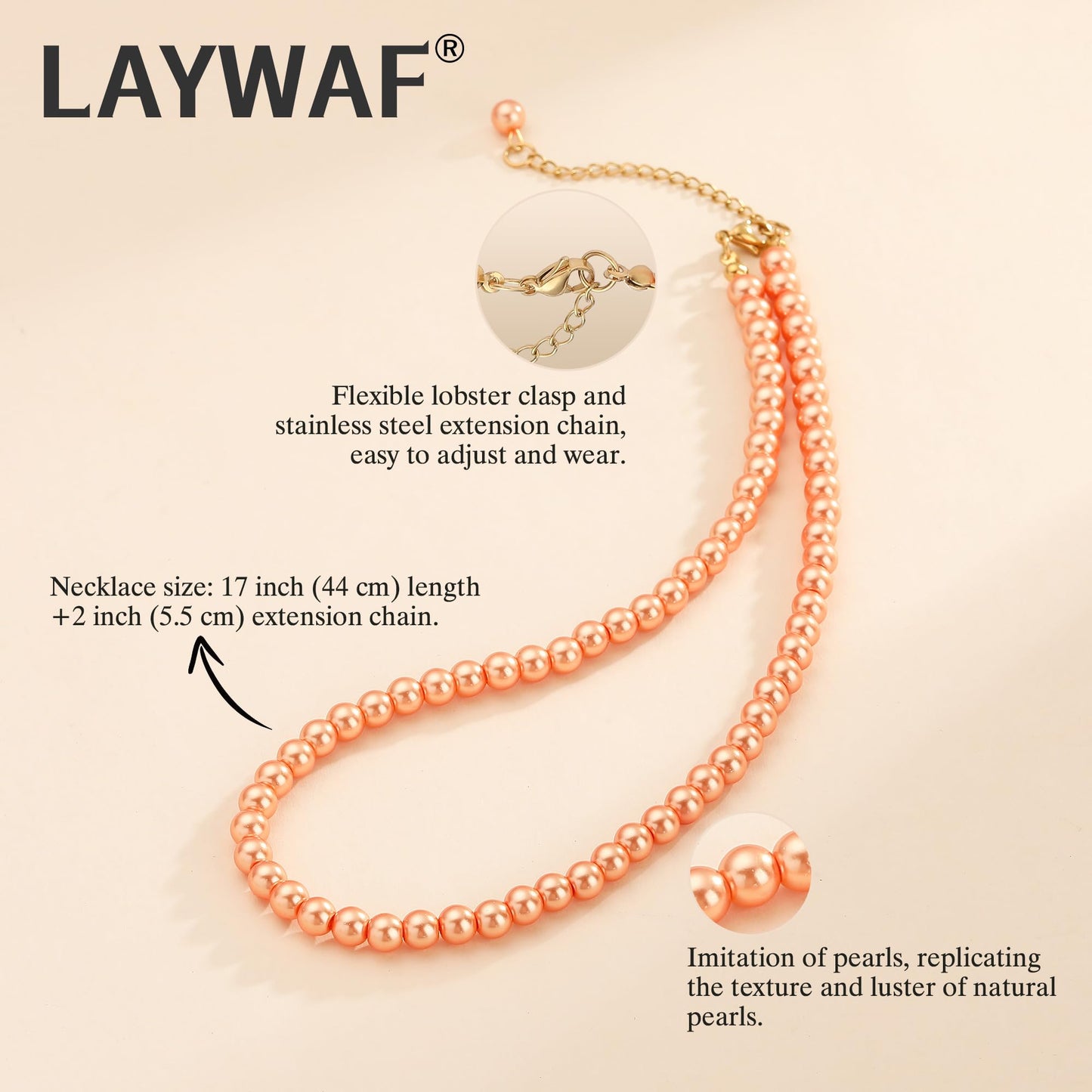 LAYWAF Imitation Pearl Necklace for Women, Fake Pearl Choker Necklace, 6MM Beaded Orange Necklace, Faux Pearl Costume Jewelry, Mom Necklace Wedding Jewelry for Bride Bridal