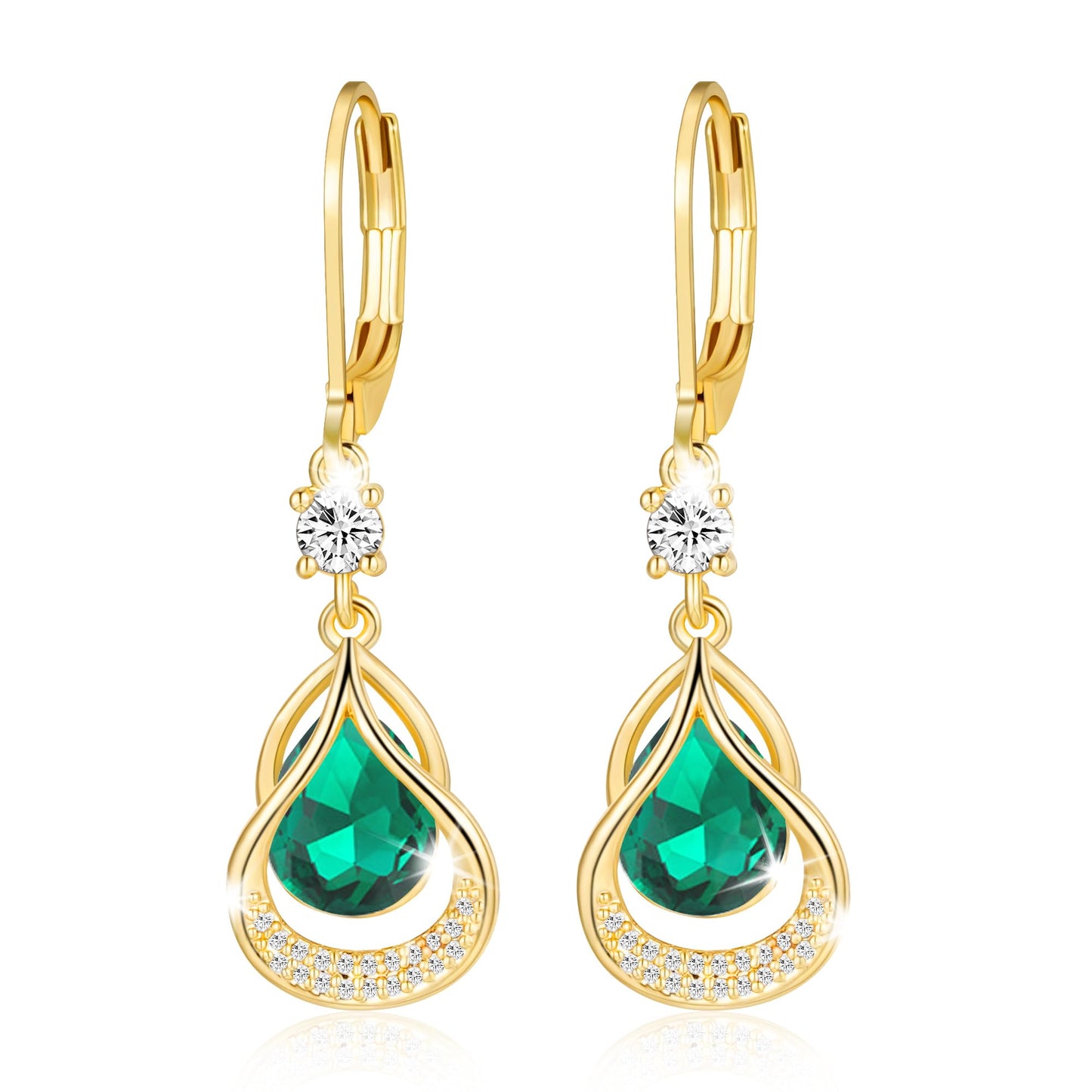 Dangle Trendy Leverback Birthstone Earrings 14K Gold Plated Teardrop Dangle Earrings Jewelry Christmas Birthday Gifts for Women (Gold May)