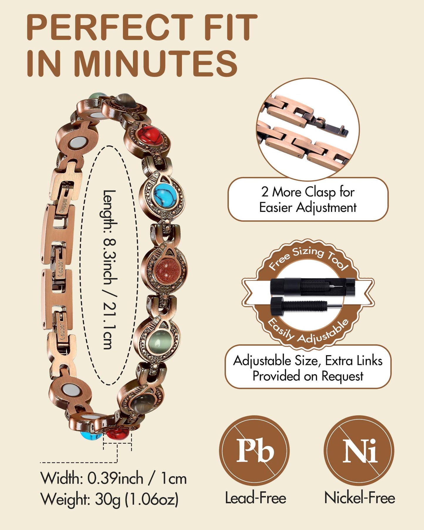 Feraco Pure Copper Bracelets for Women, Ultra Strength Magnetic Bracelet with 3800 Gauss Magnets & Natural Turquoise & Stones, Adjustable, Jewelry Gift (Circular)