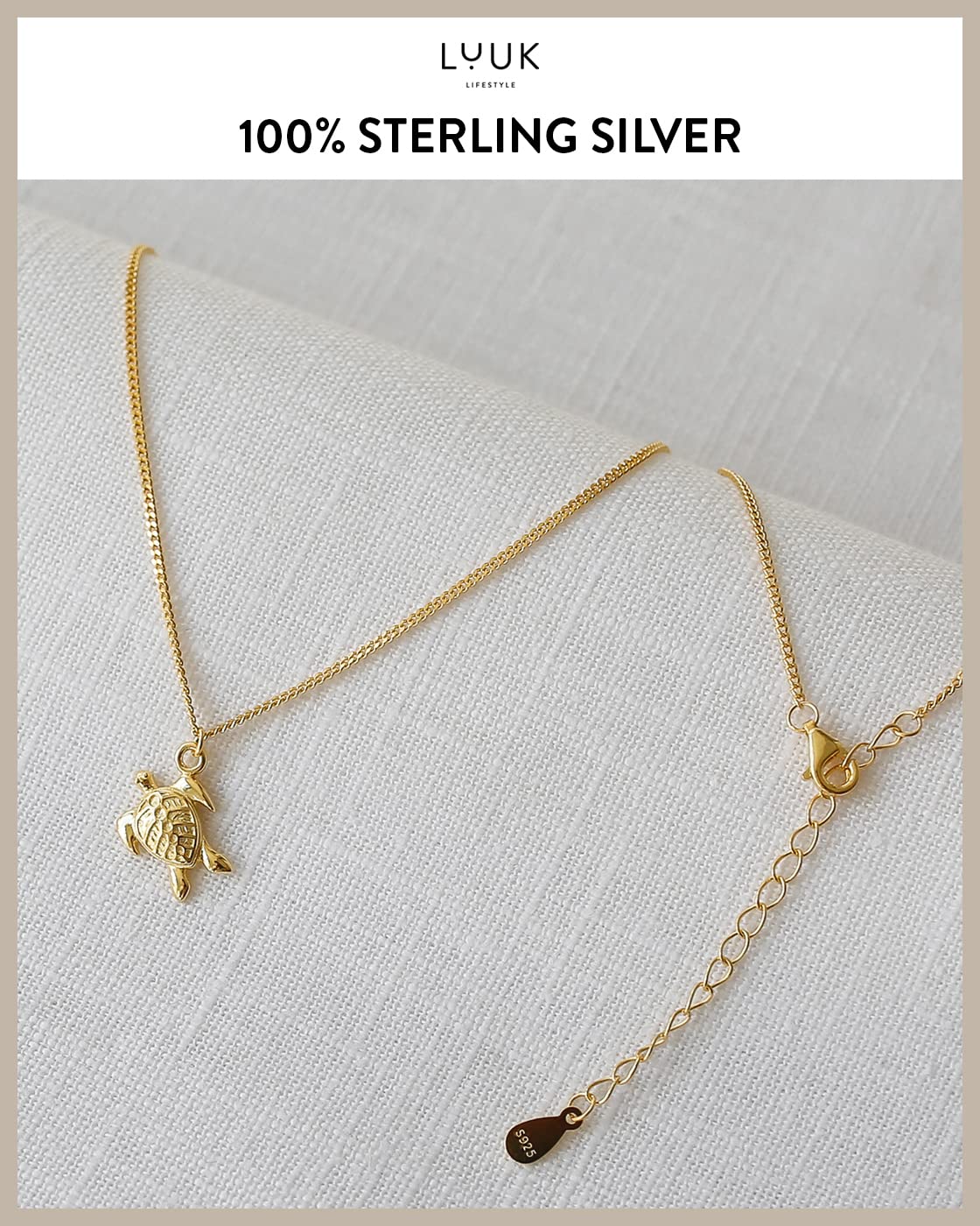 LUUK LIFESTYLE Necklace with turtle pendant and HAPPINESS gift card, 925 sterling silver, 19” chain length, jewelry for everyday life, beach, summer, tropical motif, water and sand resistant, gold