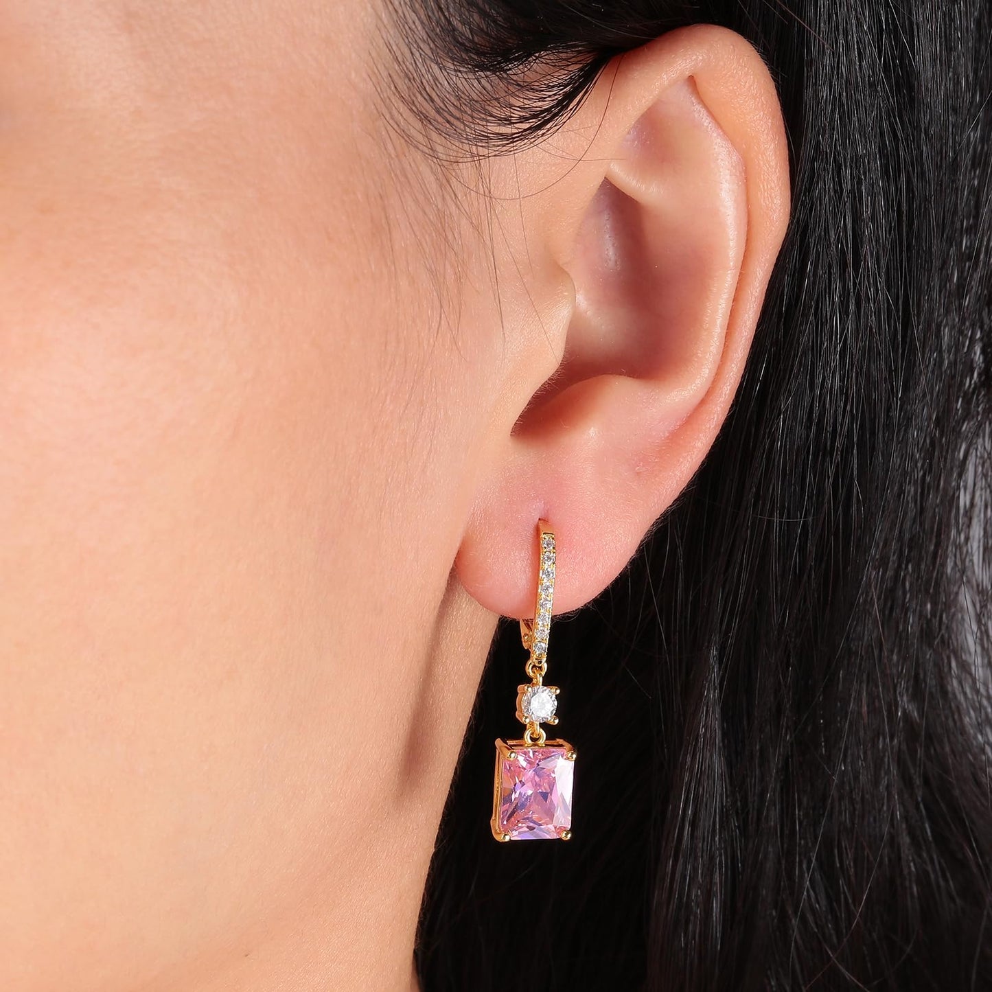 CiNily Leverback Earrings for Women Rectangular-cut Drop Dangle Earring Hypoallergenic, 14K Gold Plated Pink Cubic Zircon Earrings Diamond Dangle Ear Rings Jewelry Birthday
