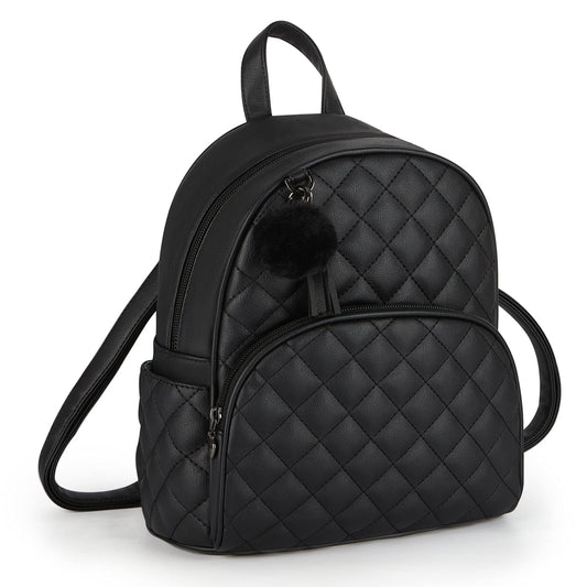 ECOSUSI Mini Backpack for Women Leather Small Backpack Purse for Ladies Cute Pom Bookbag Travel Shoulder Bag with Charm Tassel Black