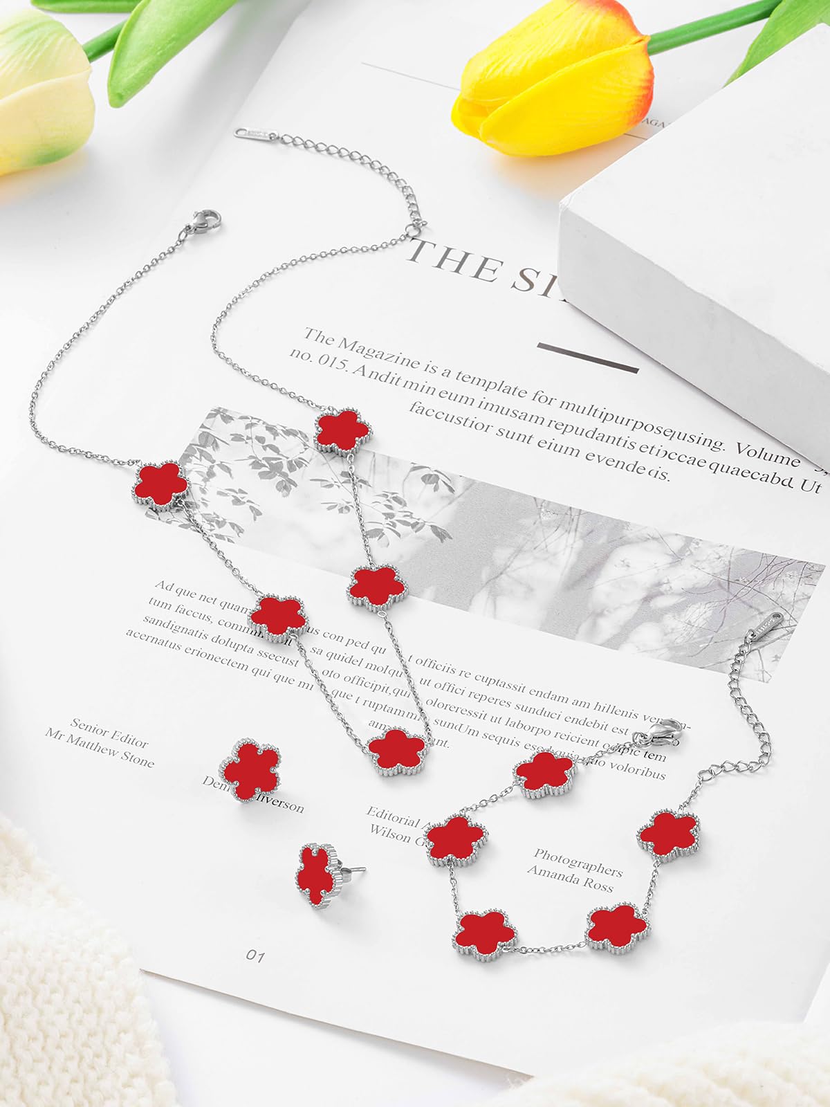 Qinpan Five Leaf Clover Necklace Bracelet and Stud Set for Women Lucky Flower Jewelry (Red-Stainless Steel)