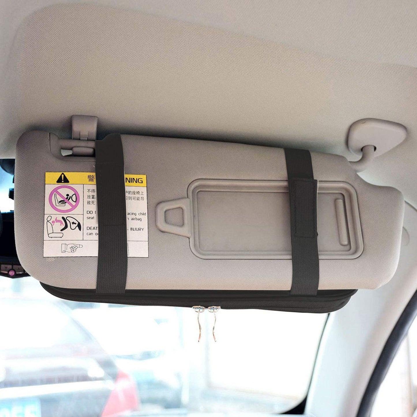 Da by Car Sun Visor Organizer, Multi-Pocket Visor Organizer Storage Pouch for Cars, SUVs & Trucks with Double Zippers, Elastic Bands & Glasses Clip - Organizes Essentials Keep Tidy (Black)
