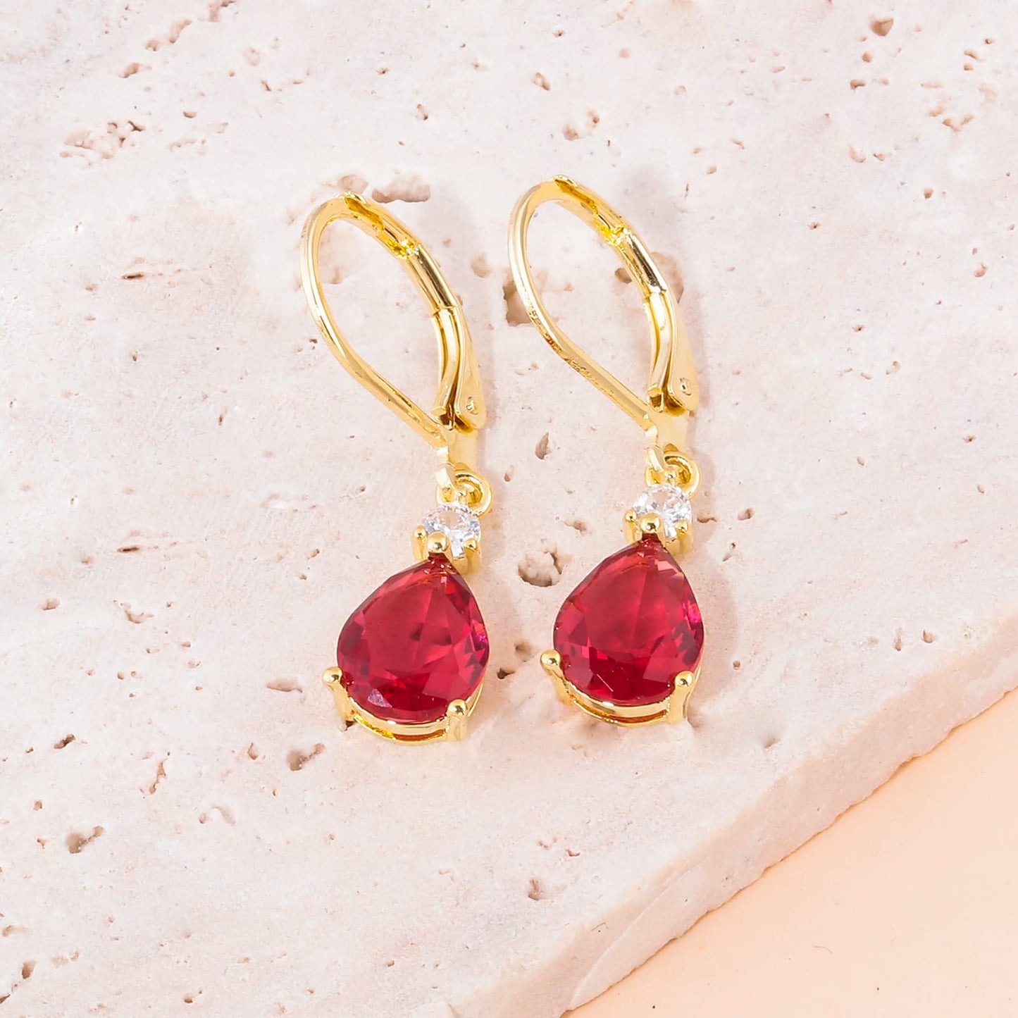 CiNily Leverback Dangle Earrings for Women 14K Gold Plated Drop Earrings Red Cubic Zircon Fashion Teardrop Hoop Earrings Hypoallergenic Mothers Day Jewelry for Her