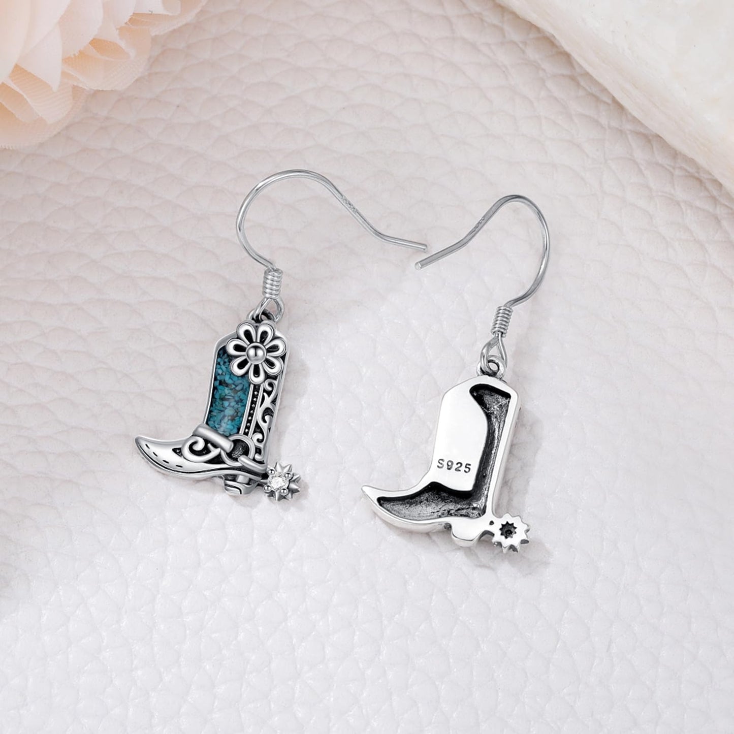KoyeKei Cowgirl Boot Earrings 925 Sterling Silver Cowboy Texas Boot Dangle Drop Earrings Western Turquoise Cowboy Carter Jewelry Country Graduation Gifts for Women Her