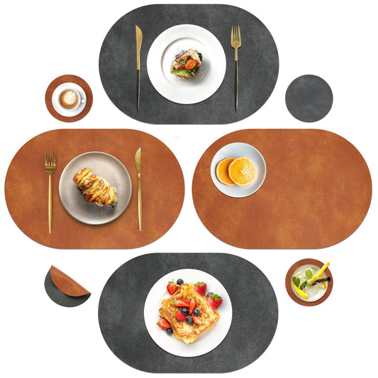 Pixieora Oval Placemats and Coasters Set of 8, Washable Reversible Faux Leather Placemats Cowhide Pattern Place Mats Wipeable Non-Slip 12 x 17 inch Kitchen Dining Table Mats (Gray Brown, 8)