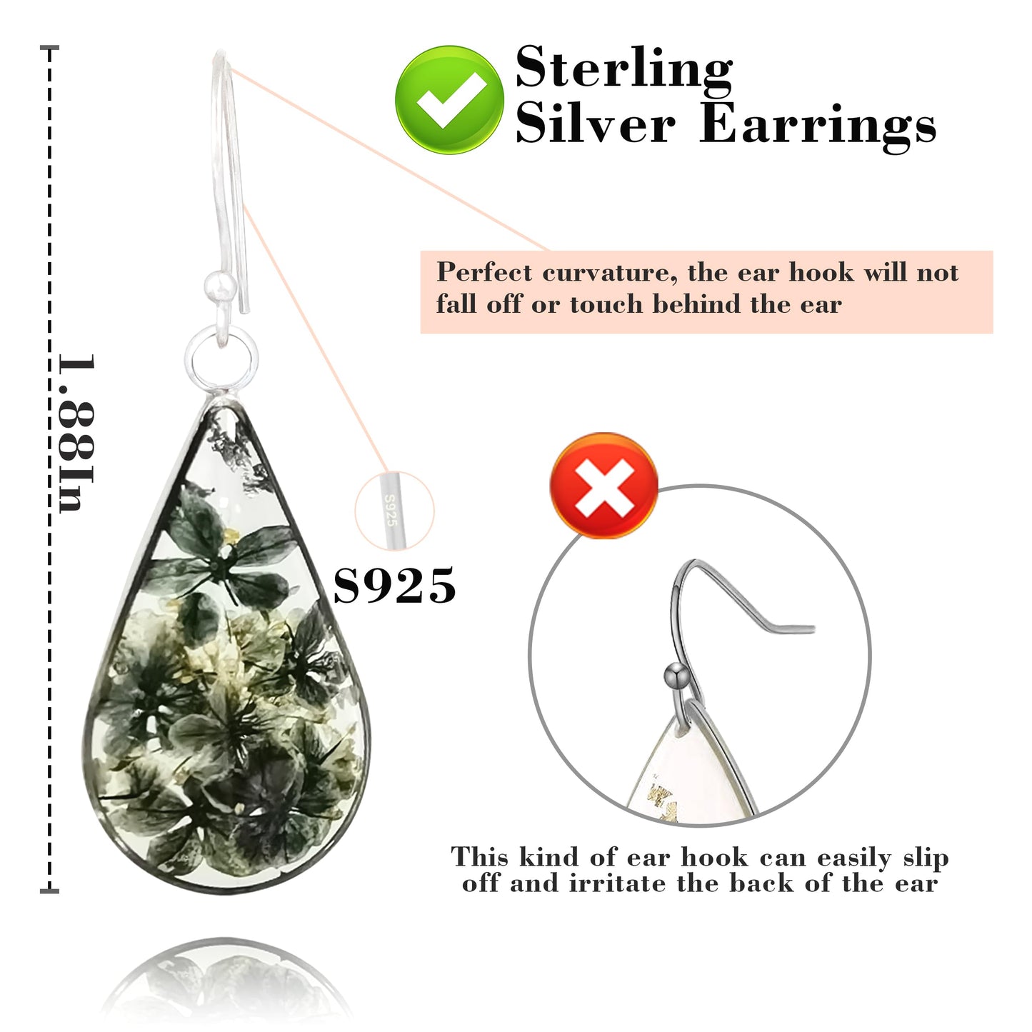 925 Sterling Silver Pressed Flower Teardrop Earrings,Hypoallergenic Women's Jewelry Gift for Mom,Handmade natural dried flower teardrop earrings Jewelry Gift for wife