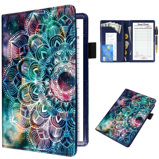 WAVEYU Cute Server Books for Waitress Waiter, Leather Guest Book Note Pad with Zipper, Money Organizer Wallet, Cash Check Bill Receipt Holder Presenter, 8x5 inch, Mandala