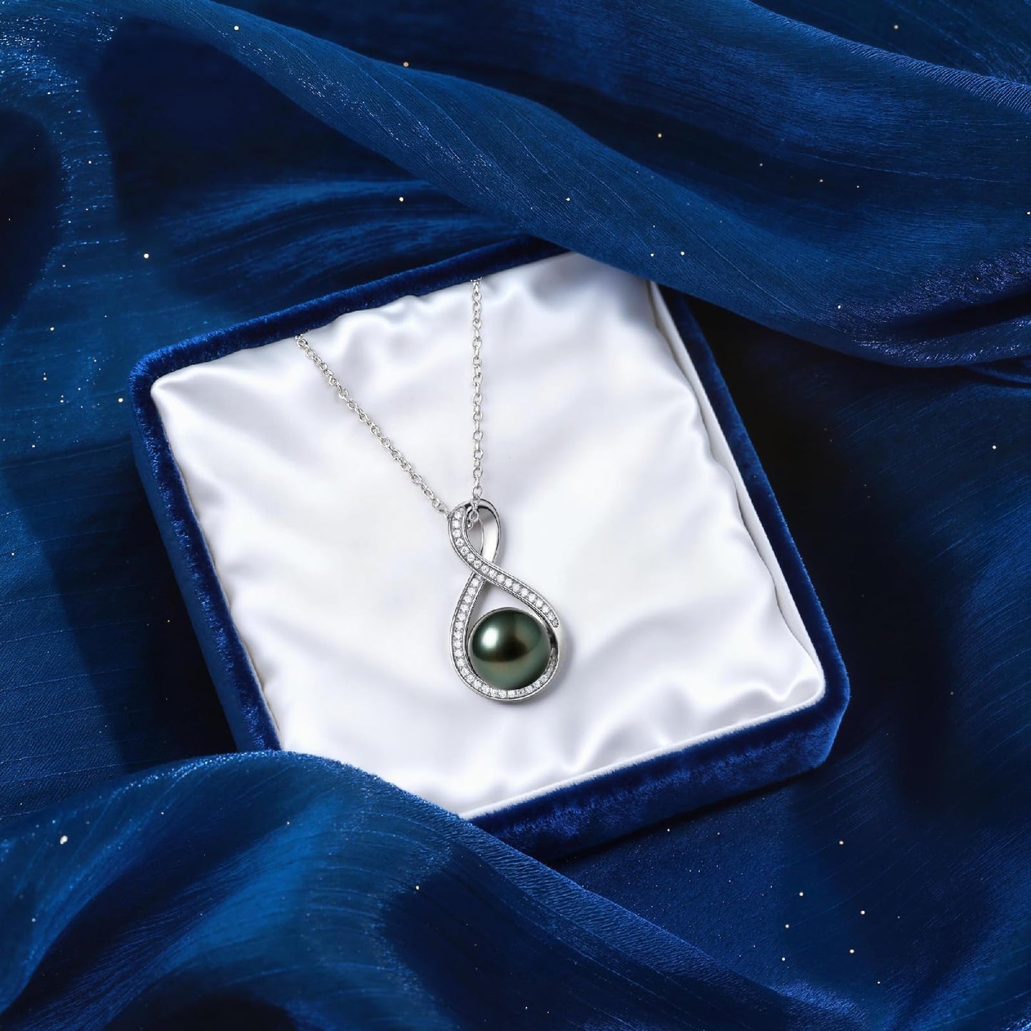 Genuine Tahitian Black Pearl Necklace - Christmas Gift for Wife Mom Daughter, Jewelry Gifts for Anniversary Wedding Birthday, 10-11mm Seawater Pearl with Sterling Silver Infinity Moissanite Pendant