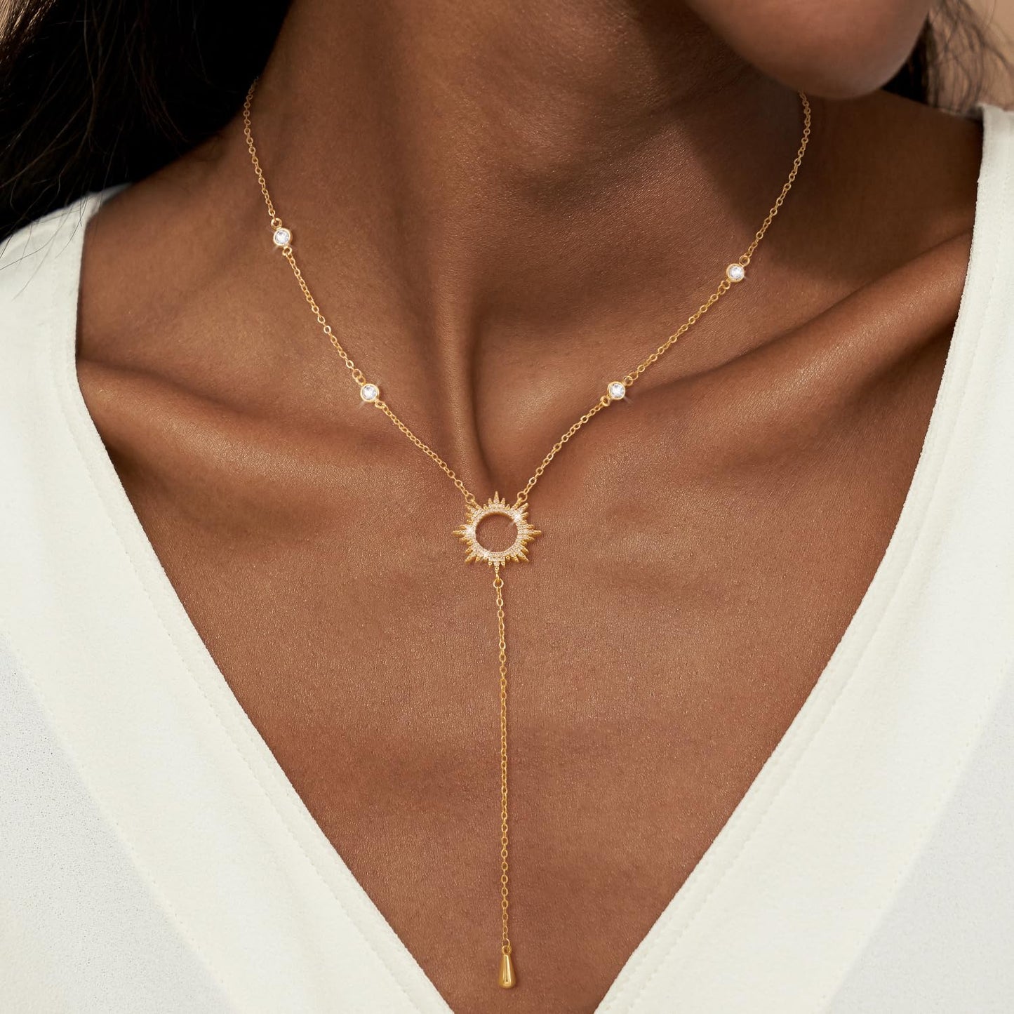 CHESKY 14K Gold Plated Lariat Long Necklace for Women Trendy Layered Y Necklace Dainty CZ Sun Pendant Drop Necklace Sparkle Trendy Jewelry
