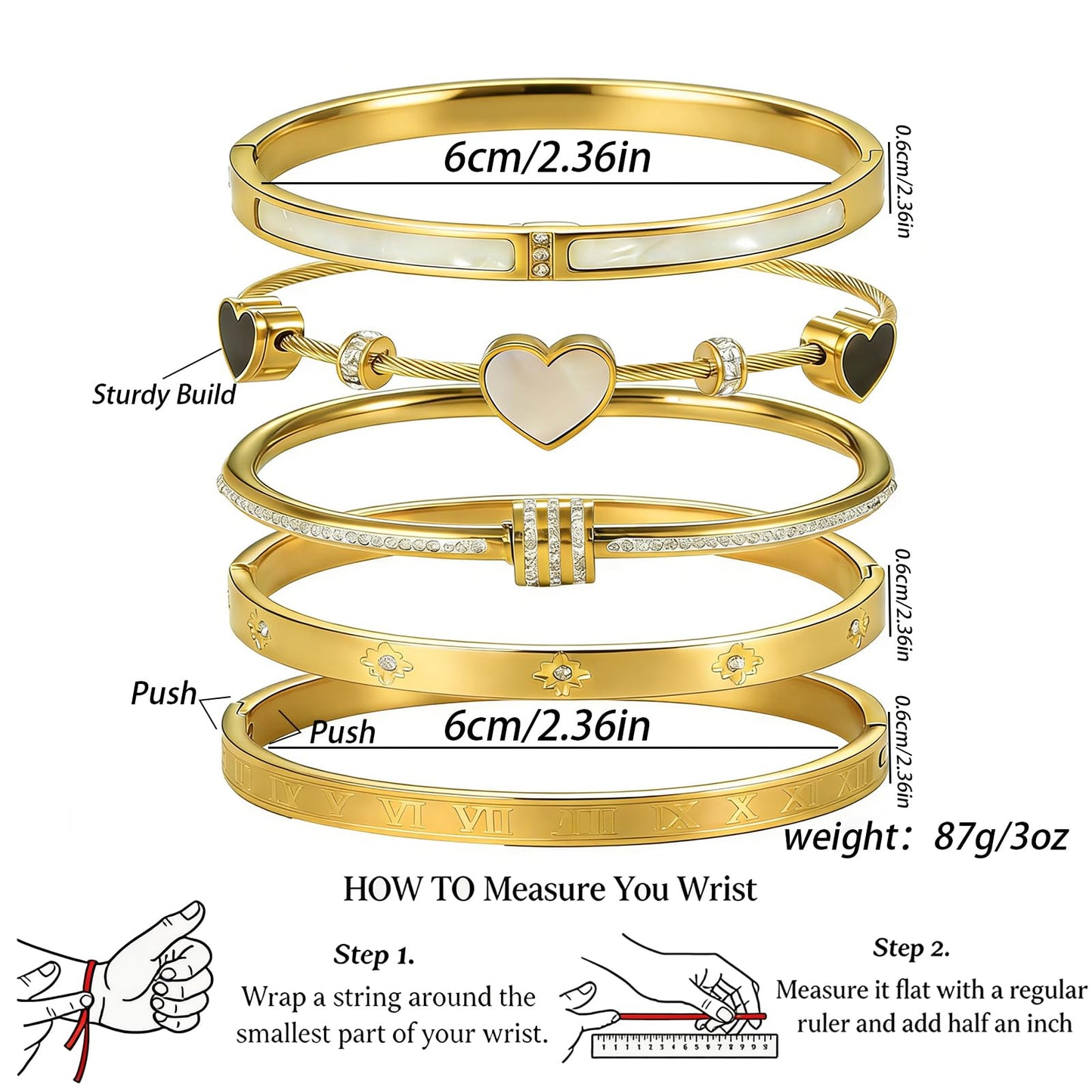 18K Gold Plated Bracelets for Women Stackable Bangle Bracelets Set Stainless Steel Gold Cuff Hinged Heart Bracelet Non Tarnish Waterproof Jewelry Fits 6.5 to 7 Inch Wrist Gift for Women Mothers Day Gift