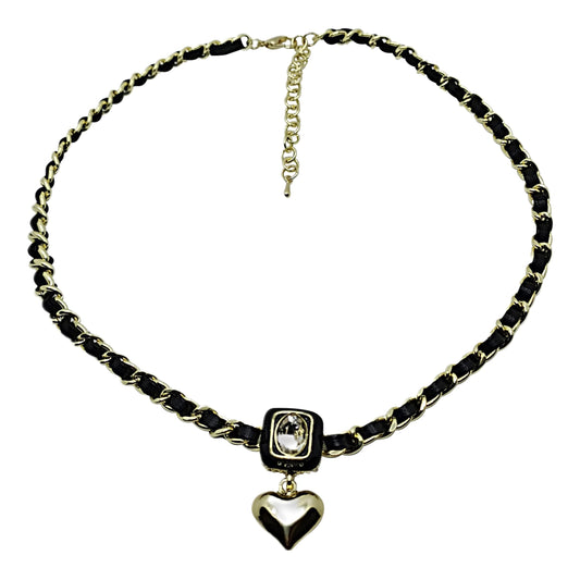 Heart Pendant Necklace with Zircon - Cubic Zirconia Vintage Jewelry Leather Women's Necklace