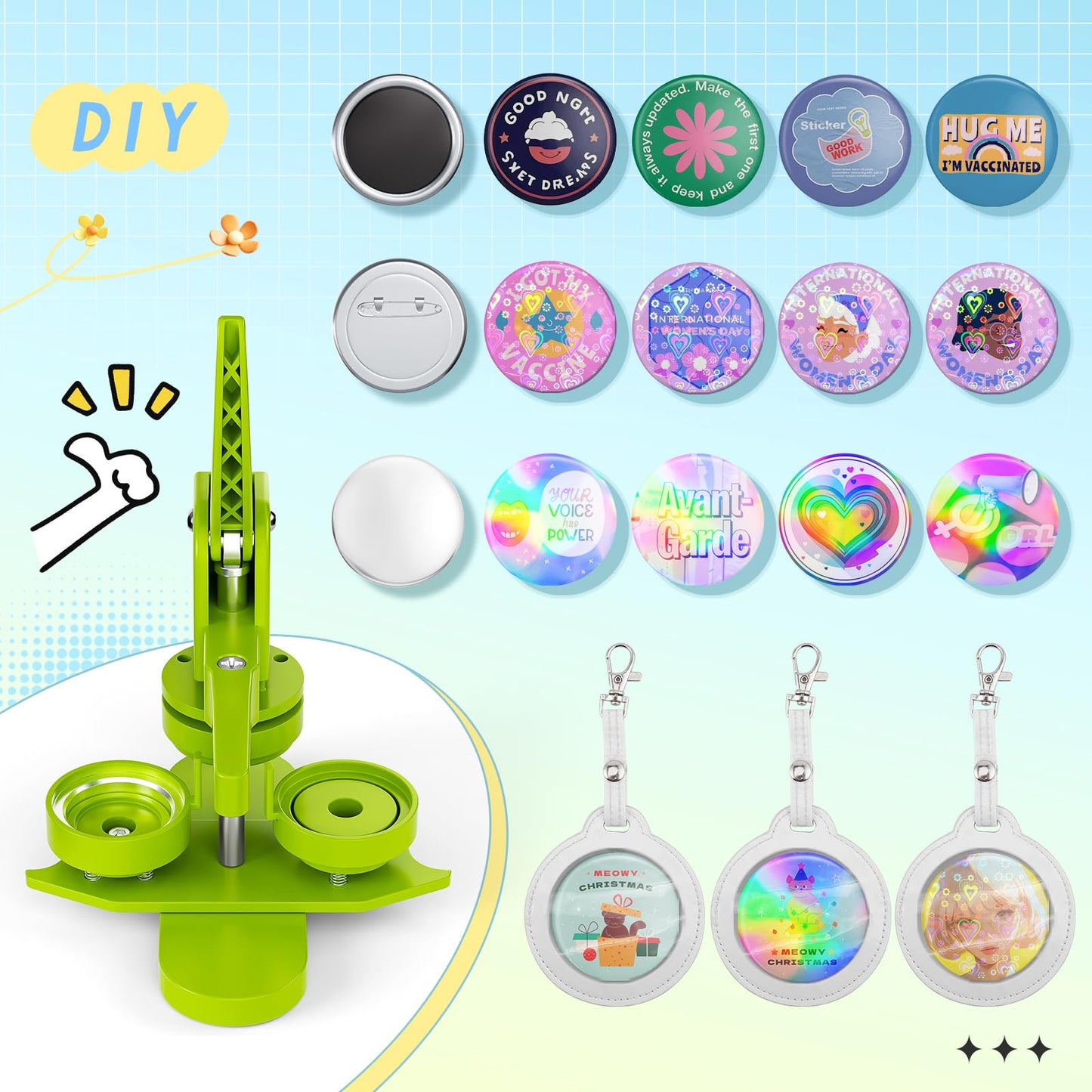 Button Maker Machine 2.25''(58mm), Pin Maker Button Press Machine W/100 Holographic Film Pinbacks,10 Fridge Magnet, 5 Keychain Sleeve, Create Fan Pins for Cosplay, Anime Meetups, Kpop