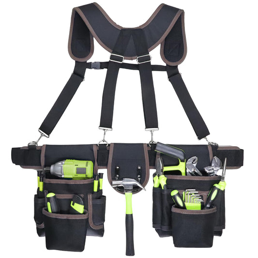 Tool Belt for Men, 32 to 66 Inches Adjustable Waist, Electrician and Carpenter Tool Belt with Suspenders for Construction and Gardening, Black and Brown, Oxford Fabric