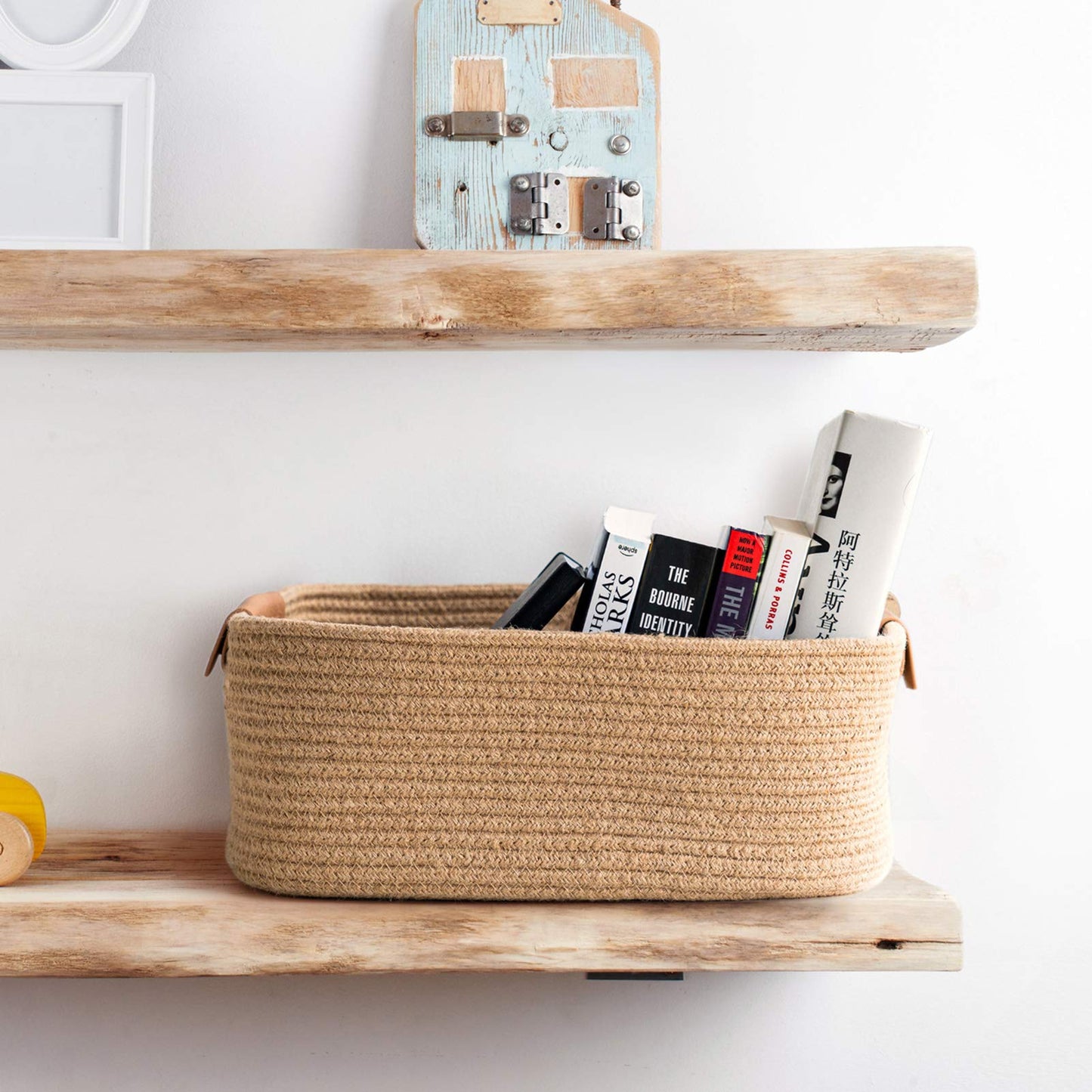 CHICVITA Rectangle Jute Rope Woven Basket with Handles for Books, Magazines, Toys - Decorative Rectangle Basket for Baby Nursery, Living Room, Bathroom