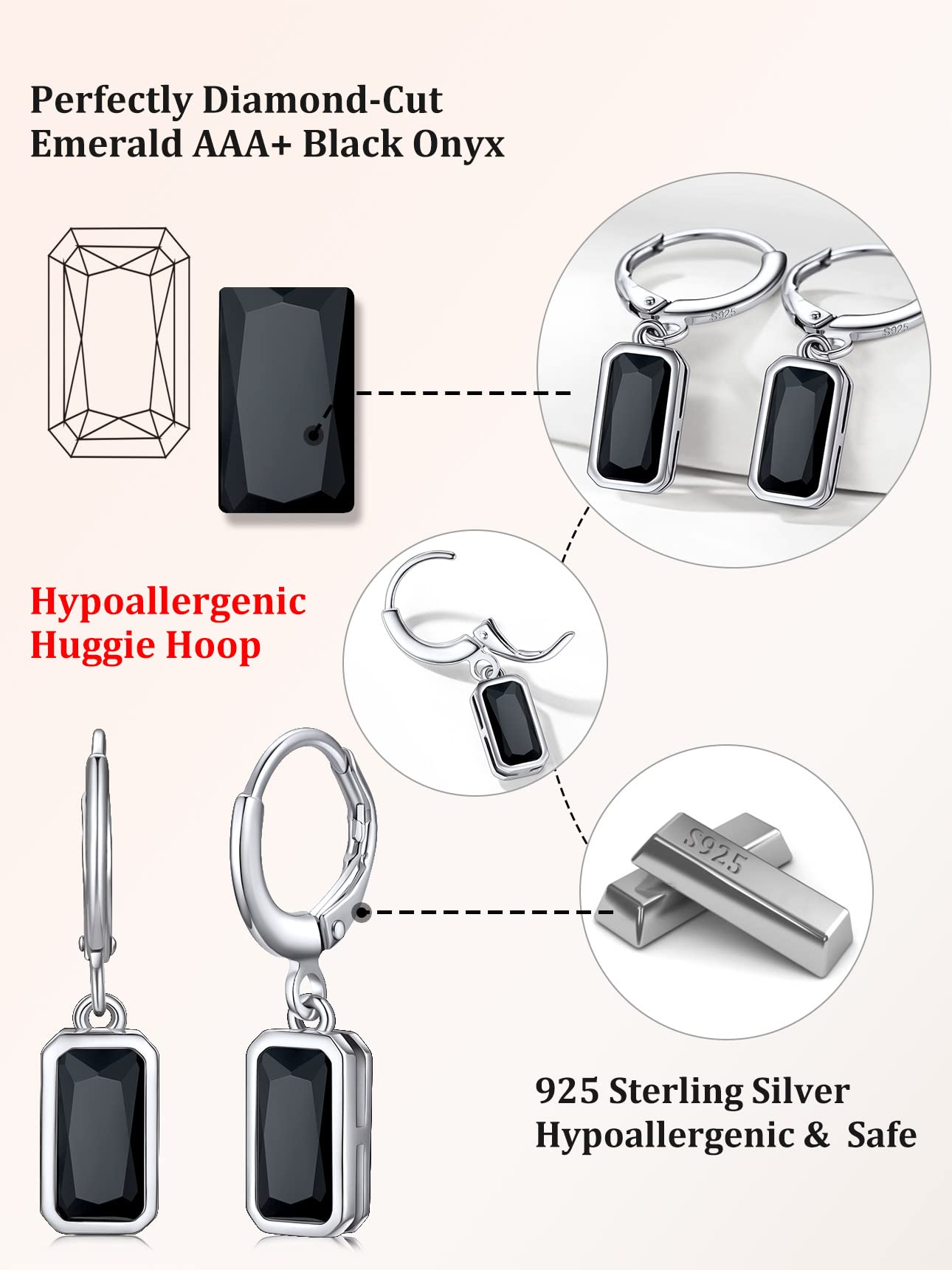 Bestyle Dainty Black Onxy Drop Earrings for Women - Rectangular Birthstone Dangle Earring with Hypoallergenic Silver Huggie Hoops - Trendy Black Baguette Dangle Hoop Earrings