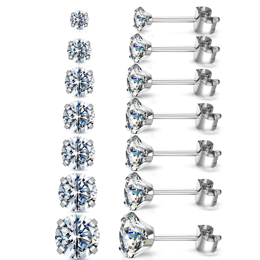 Stud Hoop Earrings Set 7 Pairs Hypoallergenic Cubic Zirconia Titanium Stainless Steel Silver Rose Gold Black 2-8mm CZ Cartilage Helix Flatback Ball Stud Hinged Sleeper Hoop Earrings Sets for Women Men
