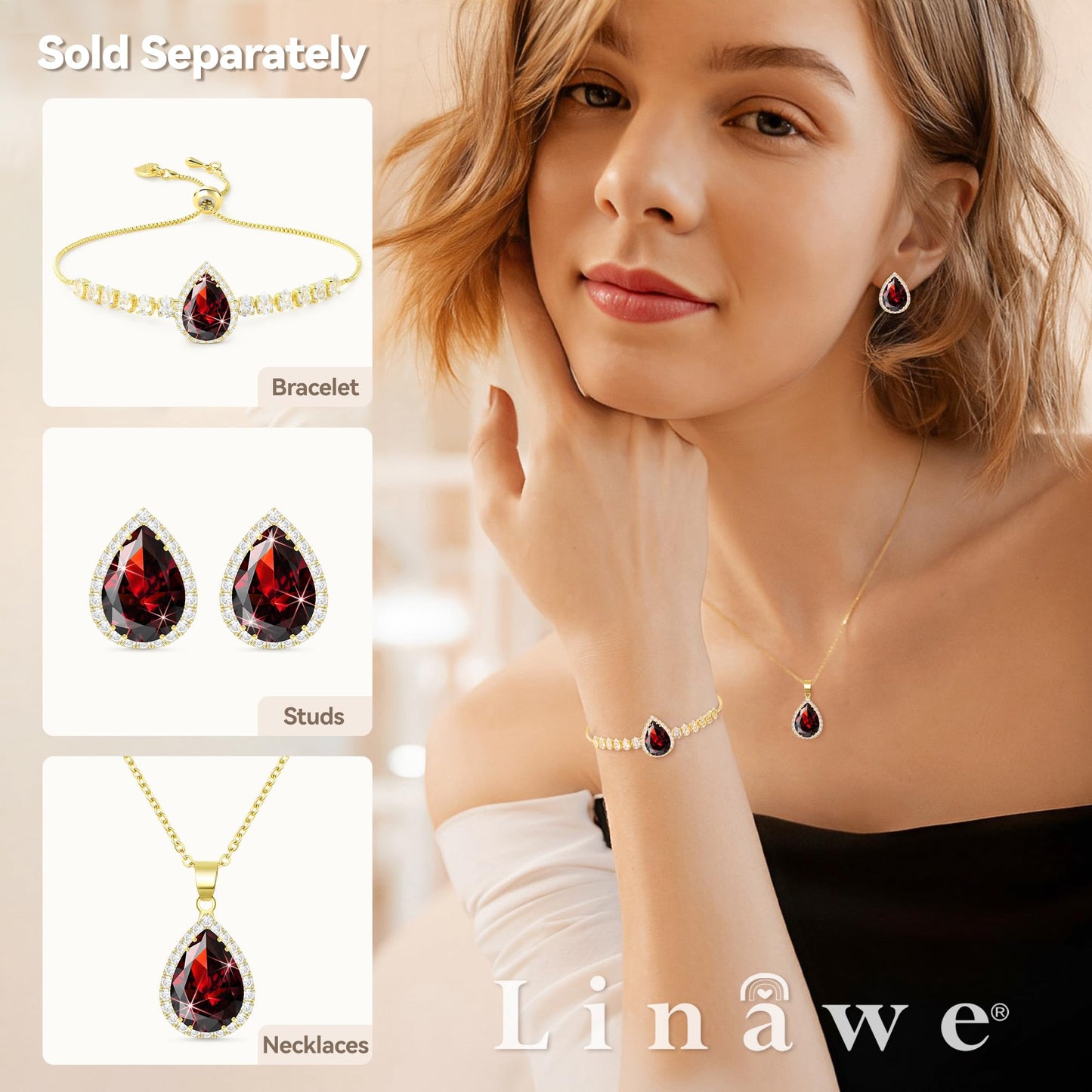 Linawe Ruby Necklace for Women Trendy, Red Crystal Pendant Gold Chain Necklace, Boho Imitation Diamond Cubic Zirconia Birthstone Rhinestone CZ Preppy Costume Jewelry Set