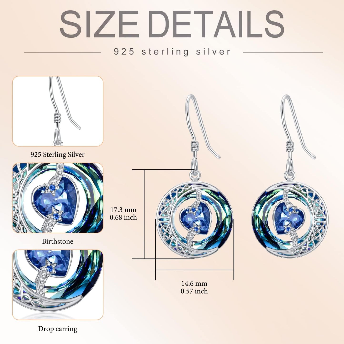 TOUPOP Sapphire Earrings September Birthstone Earrings Sterling Silver Moon and Star Drop Dangle Earring Jewelry Blue Crystal Birthday Mothers Day Gifts for Women Mom Her